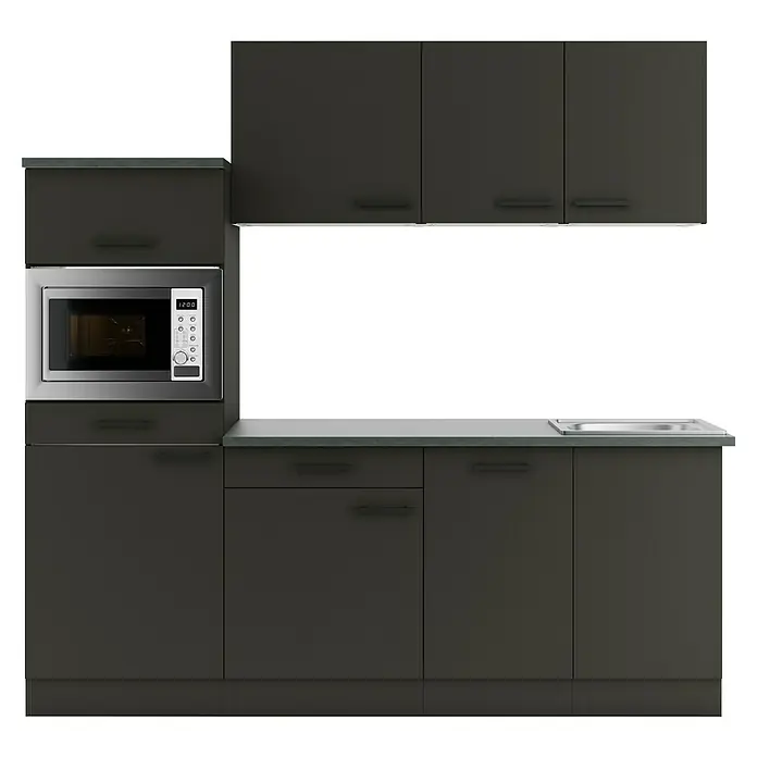 Optifit Madrid420 Singleküche Typ 2 - Breite: 210 cm, Anthrazit, Mit Elektrogeräten - Dunkelgraue Küchenzeile mit eingebauter Mikrowelle, Spüle und verschiedenen Schränken/Schubladen.