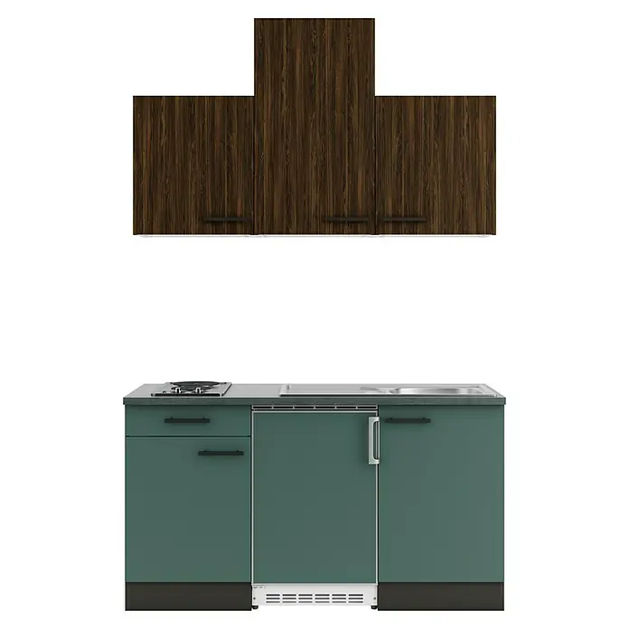 Optifit Verona405 Singleküche Typ 3 - Breite: 150 cm, Steingrün/Rillendekor Nussbaum, Mit Elektrogeräten - Kompakte Küchenzeile mit Oberschränken aus dunklem Holz und Unterschränken in Petrol, integriertem Kochfeld, Spüle und Kühlschrank.