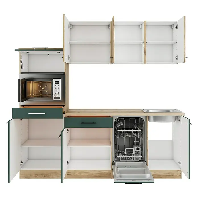 Optifit Livorno290 Singleküche Typ 4 - Breite: 210 cm, Steingrün/Wildeiche Nachbildung, Mit Elektrogeräten - Modernes Küchensystem mit graugrünen Fronten, hellen Holzdetails, Mikrowelle, Geschirrspüler und Spüle. Schränke sind offen.