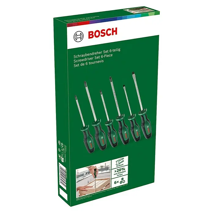 Bosch Set de destornilladores - 6 pzs., Acero - Una caja verde con un juego de destornilladores Bosch, que contiene 6 piezas. El juego incluye destornilladores con hojas de acero S2.