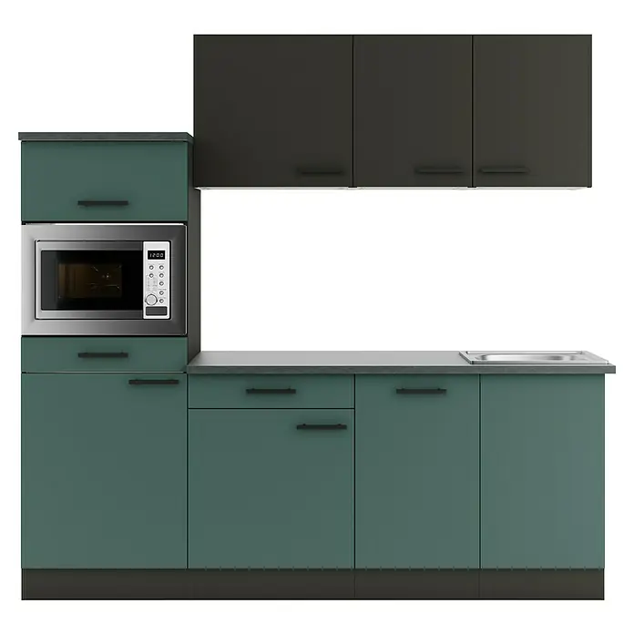 Optifit Madrid420 Singleküche Typ 2 - Breite: 210 cm, Steingrün/Anthrazit, Mit Elektrogeräten - Moderne Küchenschränke in Dunkelgrün und Anthrazit mit integrierter Mikrowelle und Spüle.
