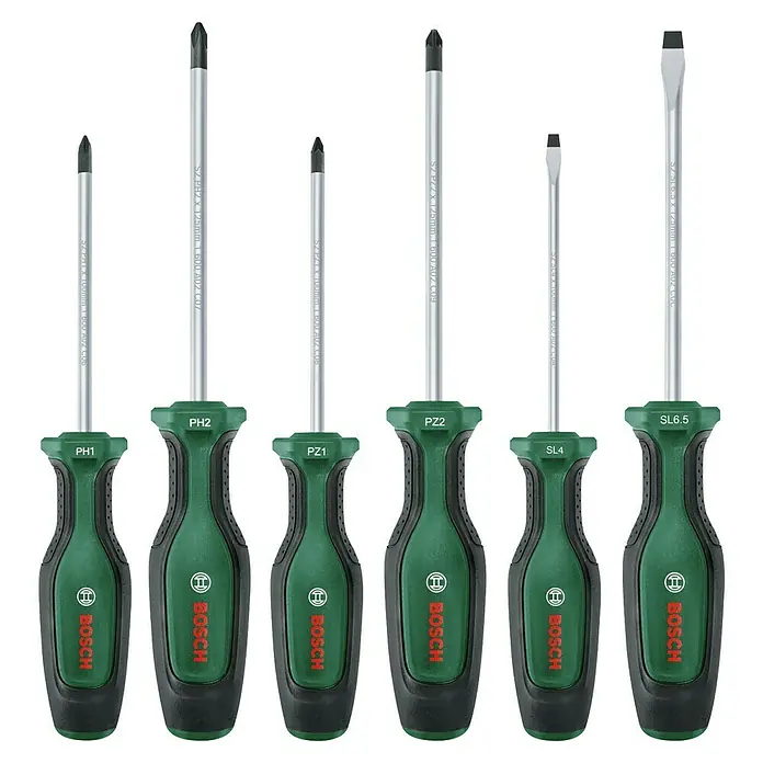 Bosch Set de destornilladores - 6 pzs., Acero - Juego de destornilladores Bosch con diferentes tamaños y tipos para aplicaciones versátiles.
