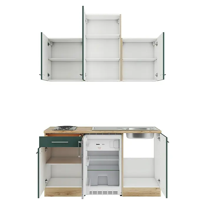 Optifit Savona405 Singleküche Typ 1 - Breite: 150 cm, Steingrün, Wechselseitig aufbaubar - Kompakte Modulküche mit grün-weißen Schränken, Arbeitsplatte in Holzoptik, integriertem Kochfeld, Spüle und offenem Kühlschrank mit Regalen.