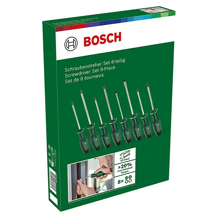 Bosch Set de destornilladores - 8 pzs., Acero - Juego de 8 destornilladores Bosch con acero S2 y más del 20% de torque estándar. Un conjunto de herramientas de alta calidad.