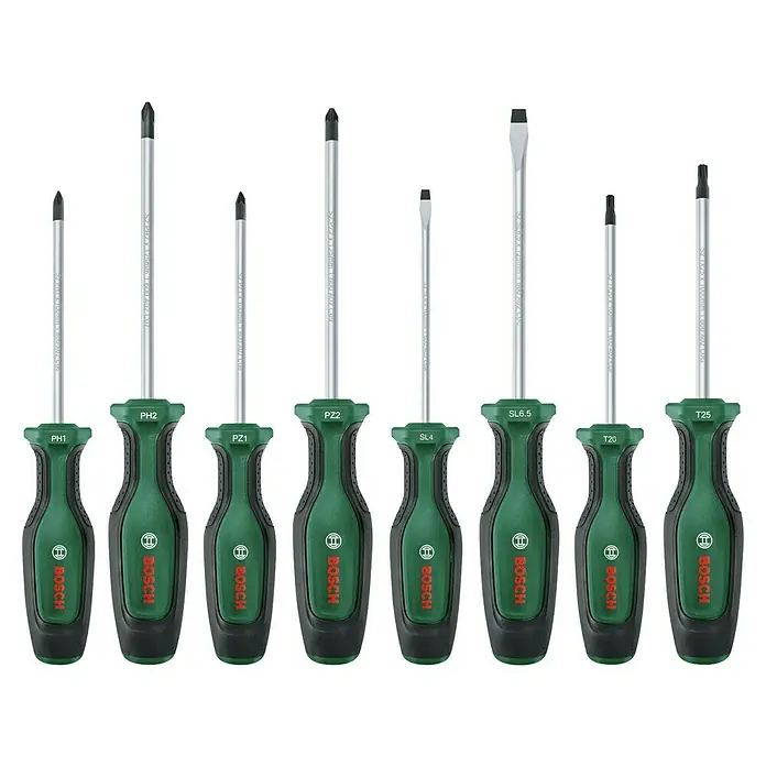 Bosch Set de destornilladores - 8 pzs., Acero - La imagen presenta un juego de destornilladores Bosch con varias cabezas y mangos ergonómicos para un agarre óptimo.