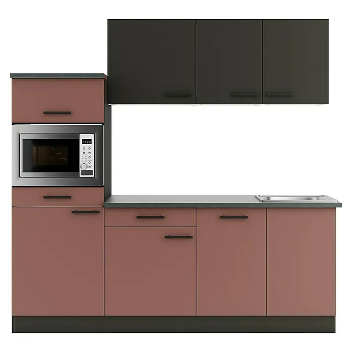 Optifit Madrid420 Küchenleerblock Typ 2 - Breite: 210 cm, Rostrot/Anthrazit, Ohne Elektrogeräte - Moderne Küchenzeile mit bräunlichen Unterschränken, dunkelgrauen Oberschränken, integrierter Mikrowelle und Spüle. Dunkelgraue Arbeitsplatte und schwarze Griffe.