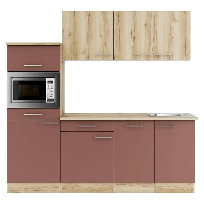 Optifit Livorno290 Singleküche Typ 4 - Breite: 210 cm, Wildeiche Nachbildung/Rostbraun, Wechselseitig aufbaubar - Kompakte Küchenzeile mit rotbraunen Schränken, hellen Holz-Arbeitsplatten, integrierter Mikrowelle und Spüle.