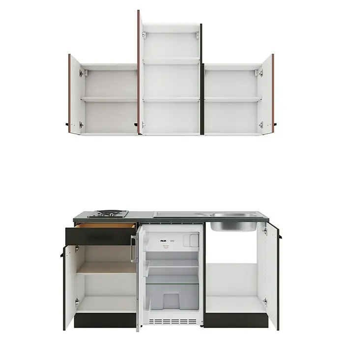 Optifit Nizza407 Singleküche Typ 2 - Breite: 150 cm, Anthrazit/Rostrot, Mit Elektrogeräten - Modulare Küche: offene Schränke, dunkelgraue Basis mit Herd, Spüle, offenem Kühlschrank, Schublade und Schrank.