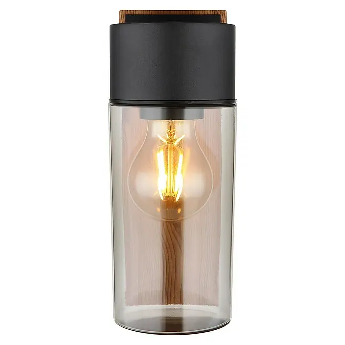 Globo Außenwandleuchte Etsi - 40 W, 12,4 x 9 x 22,5 cm, Anthrazit, Holz, IP44 - Schwarze Lampe mit klarem Glasschirm, sichtbarer glühender LED-Birne und Holzdetails.