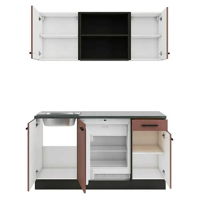Optifit Nizza407 Singleküche Typ 3 - Breite: 150 cm, Rostrot, Mit Elektrogeräten - Kompakte Küchenzeile mit weißen/braunen/schwarzen Oberschränken und Unterschrank mit Spüle, offenem Minikühlschrank und Stauraum.