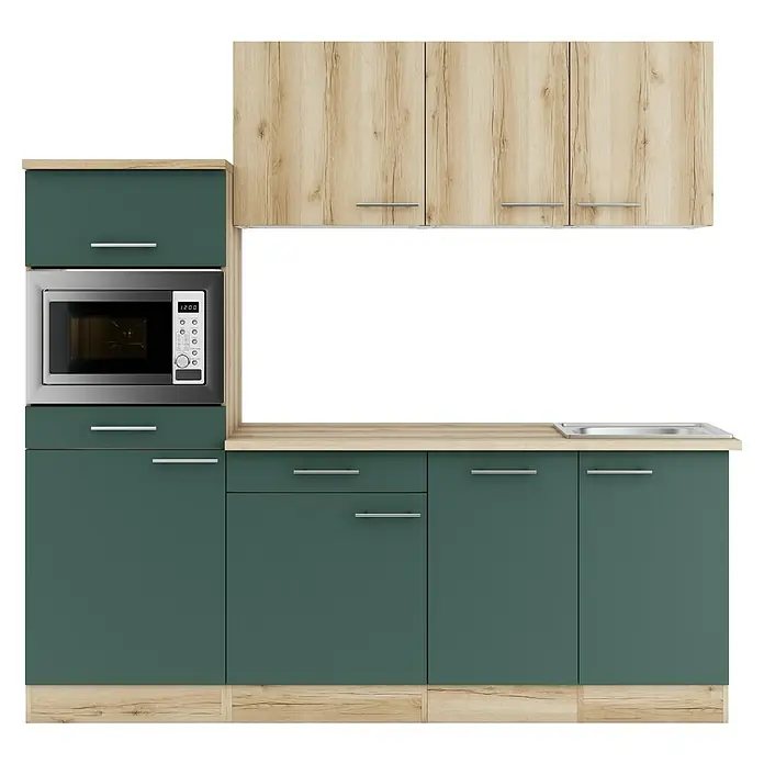 Optifit Livorno290 Singleküche Typ 4 - Breite: 210 cm, Steingrün/Wildeiche Nachbildung, Mit Elektrogeräten - Grün-graue Küchenschränke mit hellen Holz-Arbeitsplatten, Oberschränken, eingebauter Mikrowelle und Spüle.