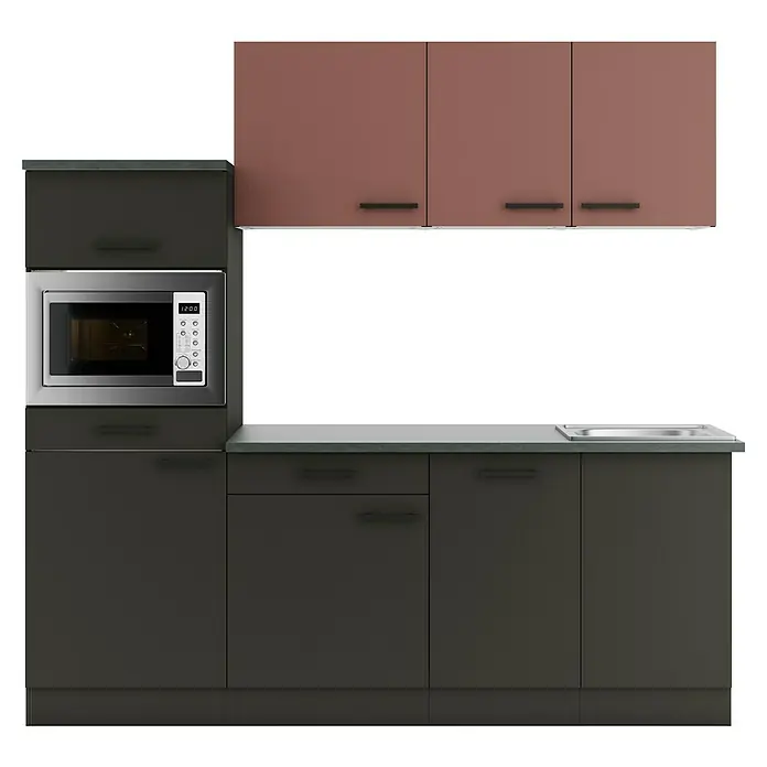 Optifit Nizza407 Singleküche Typ 1 - Breite: 210 cm, Anthrazit/Rostrot, Mit Elektrogeräten - Moderne Küchenzeile mit dunkelgrauen Unterschränken, hellbraunen Oberschränken, integrierter Mikrowelle und Spüle.
