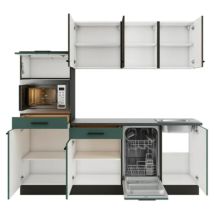 Optifit Verona405 Singleküche Typ 2 - Breite: 210 cm, Steingrün/Rillendekor Nussbaum, Mit Elektrogeräten - Moderne Küchenzeile mit dunkelgrünen und schwarzen Schränken, geöffneten Türen, eingebauter Mikrowelle, offener Spülmaschine und Spüle.