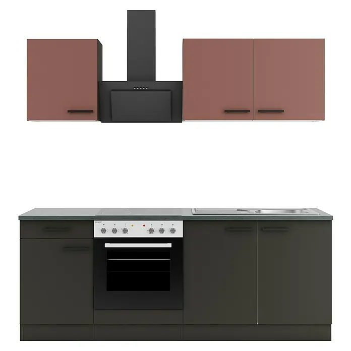 Optifit Nizza407 Singleküche Typ 2 - Breite: 210 cm, Anthrazit/Rostrot, Mit Elektrogeräten - Moderne Küchenzeile mit braunen Oberschränken, dunkelgrauen Unterschränken, Einbauherd, Kochfeld, Spüle und Dunstabzugshaube.