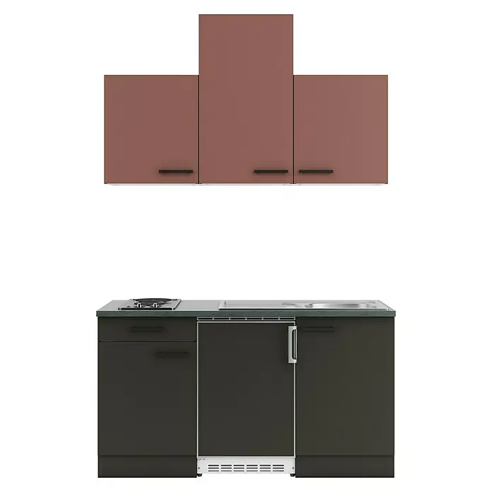 Optifit Nizza407 Singleküche Typ 2 - Breite: 150 cm, Anthrazit/Rostrot, Mit Elektrogeräten - Küchenzeile mit braunen Oberschränken und dunkelgrauen Unterschränken, ausgestattet mit Kochfeld, Spüle und integriertem Gerät.