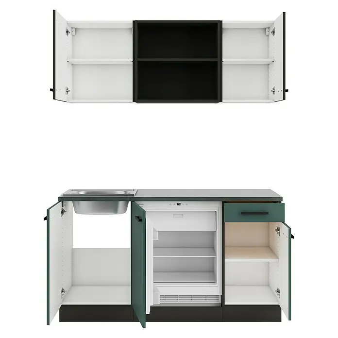 Optifit Verona405 Singleküche Typ 2 - Breite: 150 cm, Steingrün/Rillendekor Nussbaum, Mit Elektrogeräten - Kompakte Küchenzeile mit schwarz-weißen Oberschränken und einem dunkelgrünen Unterschrank mit Spüle, offenem Minikühlschrank und Stauraum.