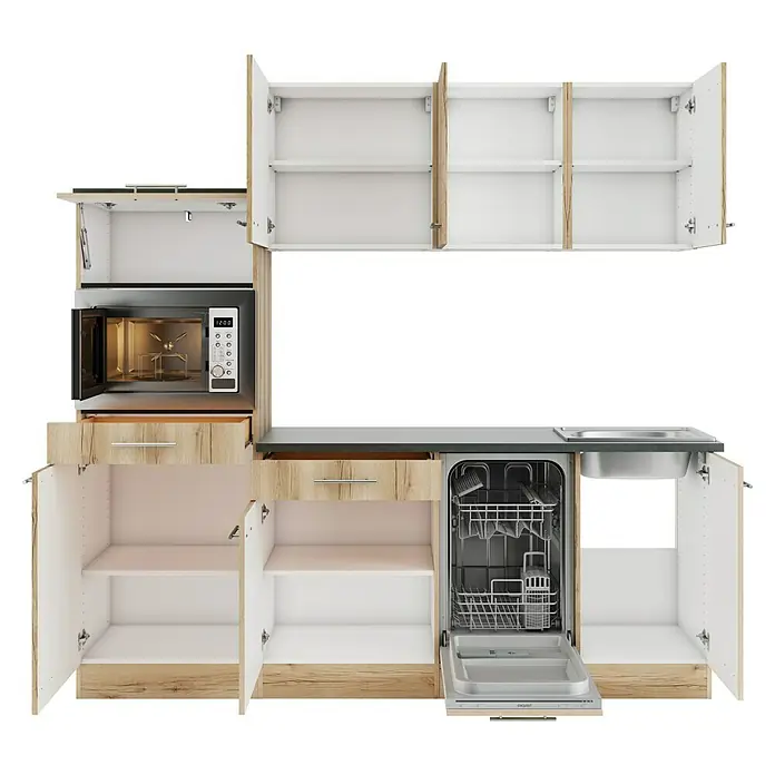 Optifit Livorno290 Singleküche Typ 3 - Breite: 210 cm, Wildeiche Nachbildung, Mit Elektrogeräten, Mikrowelle - Modulare Küchenzeile mit hellen Holzschränken, offenen Türen, integrierter Mikrowelle, Geschirrspüler und Spüle.