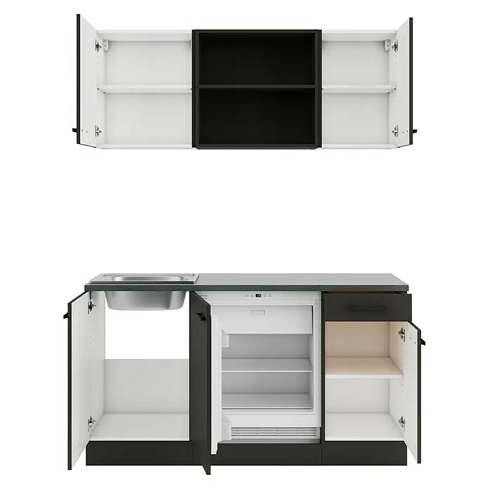 Optifit Madrid420 Singleküche Typ 2 - Breite: 150 cm, Anthrazit, Mit Elektrogeräten - Kompakte Küchenzeile mit offenen schwarz-weißen Oberschränken, Spülbecken und offenem Minikühlschrank.