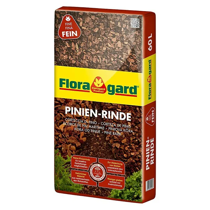 Floragard Dekor-Mulch Pinien-Rinde - 60 l, 7 mm - 15 mm - Nahaufnahme einer 60L-Packung Flora Gard Pinienrinde, ideal zur Bodenabdeckung und Unkrautbekämpfung im Garten.