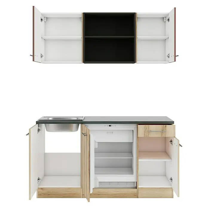 Optifit Bari407 Singleküche Typ 3 - Breite: 150 cm, Rostbraun/Wildeiche Nachbildung, Wechselseitig aufbaubar - Küchenzeile mit weißen und Holzoptik-Schränken, schwarzem Regal, Spüle und integriertem Kühlschrank.