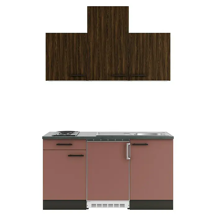 Optifit Nizza407 Singleküche Typ 3 - Breite: 150 cm, Rostrot/Rillendekor Nussbaum, Mit Elektrogeräten - Küchenzeile mit oberen Hochschränken aus dunklem Holz und unteren terrakottafarbenen Schränken, mit grauer Arbeitsplatte, Kochfeld und Spüle.