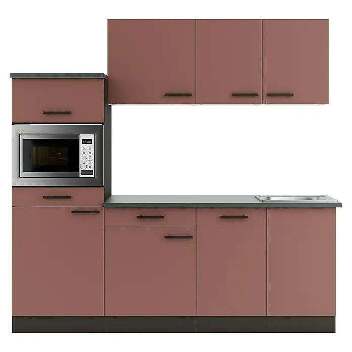 Optifit Nizza407 Küchenleerblock Typ 2 - Breite: 210 cm, Rostrot, Ohne Elektrogeräte - Braun-rosa Küchenschränke mit dunkelgrauer Arbeitsplatte, integrierter Mikrowelle und Spüle.