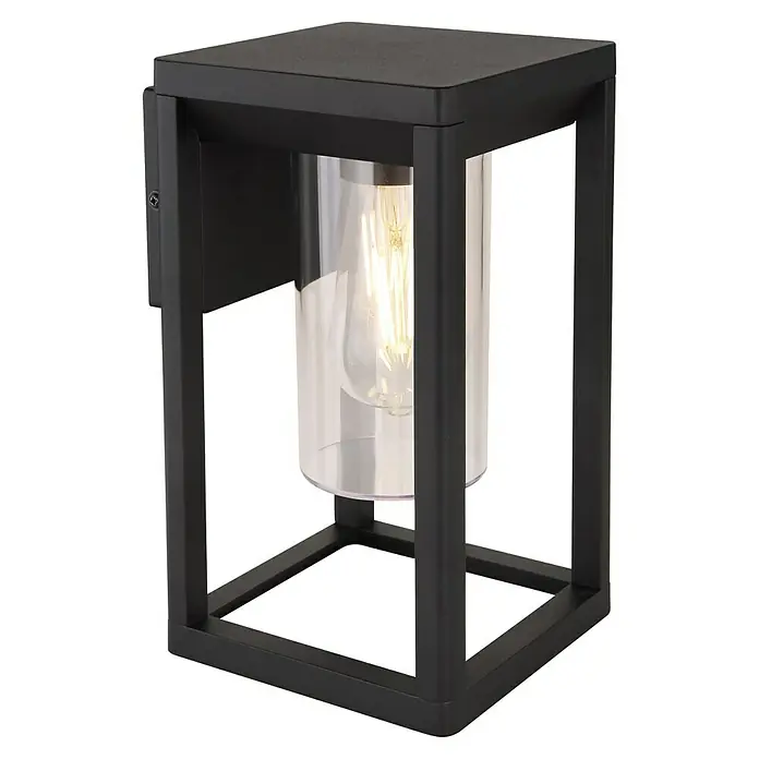 Globo LED-Außenwandleuchte Candela - 15 W, Schwarz, IP44 - Schwarze Außenwandleuchte mit klarem Glaszylinder und einer Edison-Glühbirne. Das Design ist modern und minimalistisch.