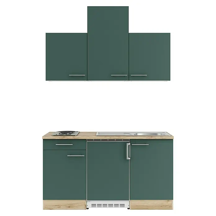 Optifit Savona405 Singleküche Typ 1 - Breite: 150 cm, Steingrün, Wechselseitig aufbaubar - Dunkelgrüne modulare Küchenzeile mit heller Holzoptik-Arbeitsplatte, Oberschränken, Kochfeld, Spüle und integriertem Gerät.
