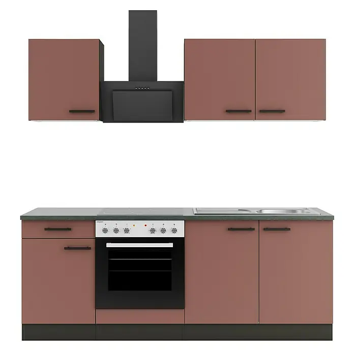 Optifit Nizza407 Singleküche Typ 1 - Breite: 210 cm, Rostrot, Mit Elektrogeräten - Moderne Küchenzeile mit braunroten Schränken, dunkler Arbeitsplatte, integriertem Backofen, Kochfeld, Spüle und Dunstabzugshaube.