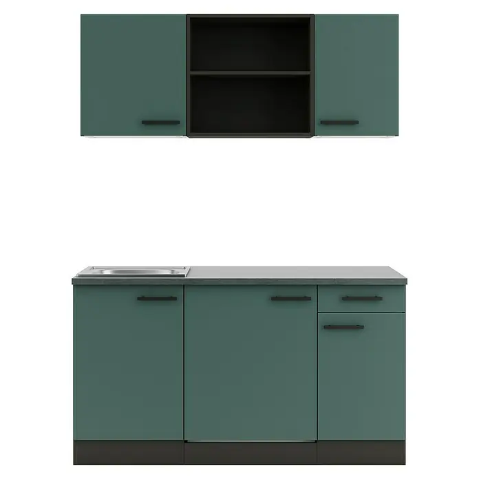 Optifit Verona405 Singleküche Typ 3 - Breite: 150 cm, Steingrün, Wechselseitig aufbaubar - Dunkelpetrolfarbene Küchenzeile mit Oberschrank, offener Ablage und Unterschrank mit Spüle und dunklen Griffen.