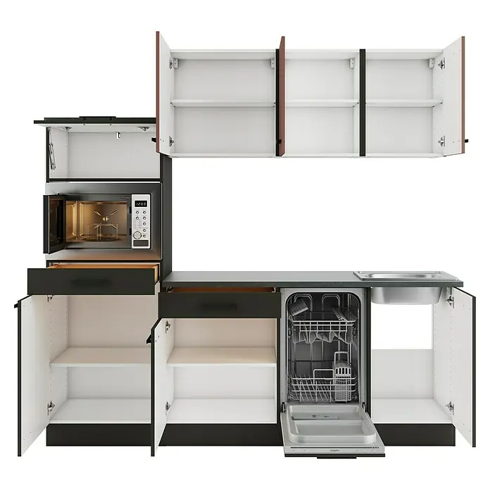Optifit Nizza407 Singleküche Typ 1 - Breite: 210 cm, Anthrazit/Rostrot, Mit Elektrogeräten - Eine modulare Küchenzeile mit dunkelgrauen Schränken, hellen Holzakzenten und einer dunklen Arbeitsplatte. Mit offener Mikrowelle, Spüle und offenem Geschirrspüler.