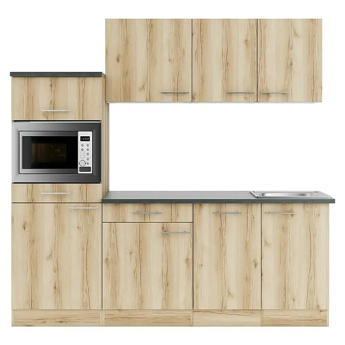 Optifit Livorno290 Singleküche Typ 3 - Breite: 210 cm, Wildeiche Nachbildung, Mit Elektrogeräten, Mikrowelle - Helle Holzküchenzeile mit dunkelgrauer Arbeitsplatte, integrierter Mikrowelle und Spüle.