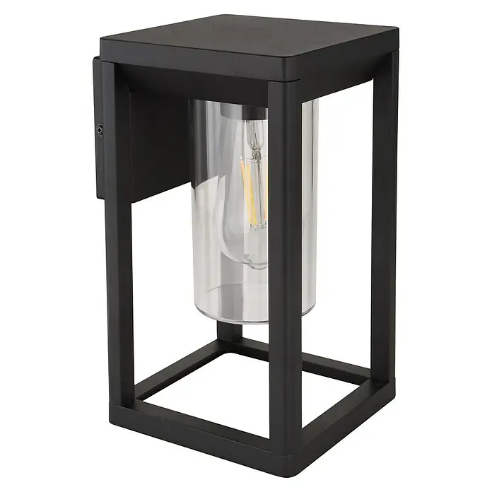 Globo LED-Außenwandleuchte Candela - 15 W, Schwarz, IP44 - Schwarze Außenwandleuchte mit klarem Glaszylinder, ideal für moderne Hausfassaden und stimmungsvolle Beleuchtung im Außenbereich.