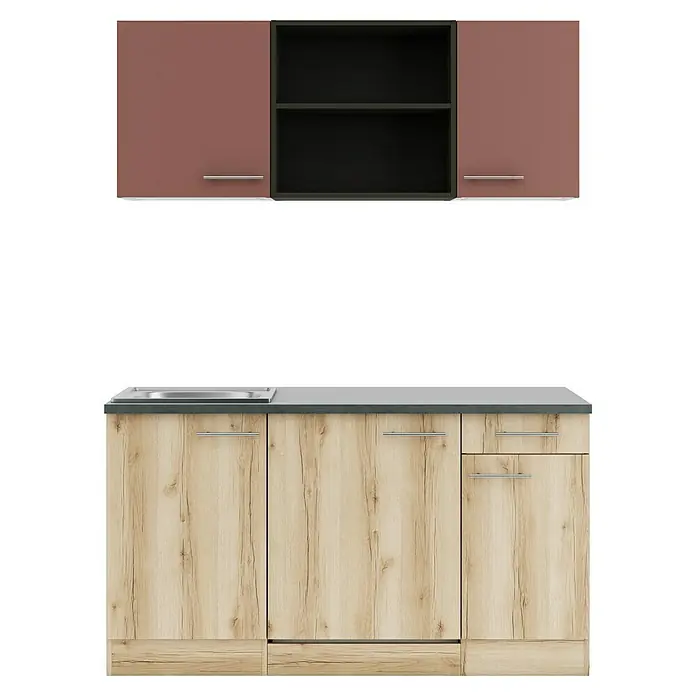 Optifit Bari407 Singleküche Typ 3 - Breite: 150 cm, Rostbraun/Wildeiche Nachbildung, Wechselseitig aufbaubar - Zweiteilige Küchenzeile: braune und schwarze Oberschränke, helle Holzunterschränke mit grauer Arbeitsplatte und Spüle.