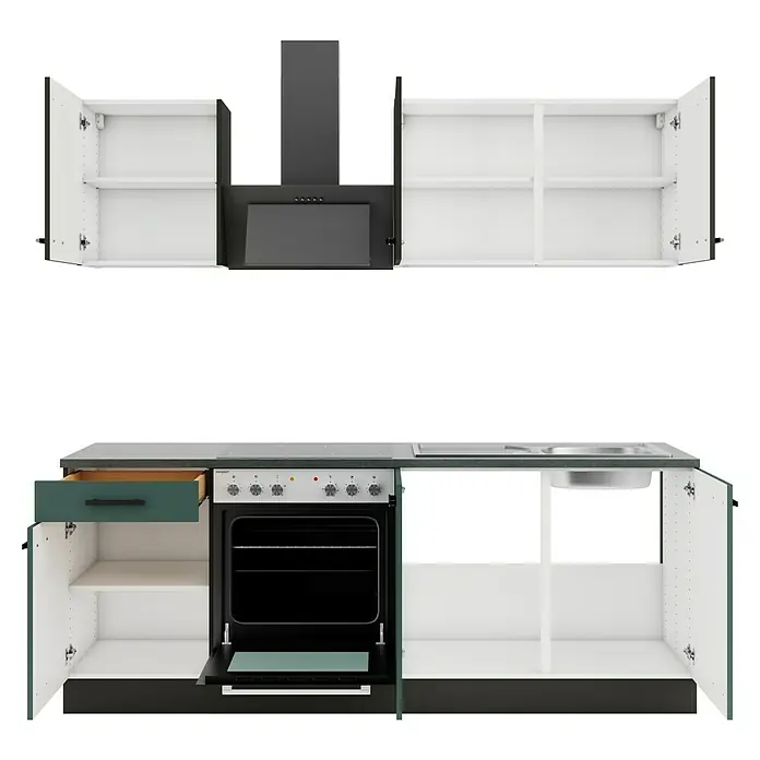 Optifit Madrid420 Singleküche Typ 4 - Breite: 210 cm, Steingrün/Anthrazit, Mit Elektrogeräten - Modulare Küchenzeile: dunkelgraue Unterschränke mit teal Schublade, Backofen, Spüle; passende Hängeschränke mit Dunstabzug.