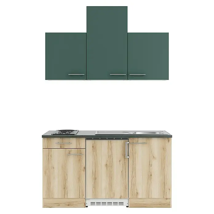 Optifit Savona405 Singleküche Typ 2 - Breite: 150 cm, Wildeiche Nachbildung/Steingrün, Mit Elektrogeräten - Kompakte Küchenzeile mit dunkelgrünen Hängeschränken und heller Holz-Basiseinheit mit Kochfeld, Spüle und integrierten Geräten.