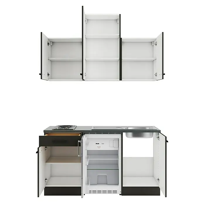 Optifit Madrid420 Singleküche Typ 3 - Breite: 150 cm, Anthrazit/Rillendekor Nussbaum, Mit Elektrogeräten - Modulare Küchenzeile mit schwarzem Äußeren, weißem Inneren, grauer Arbeitsplatte mit Kochfeld, Spüle und offenem Kühlschrank/Schränken.