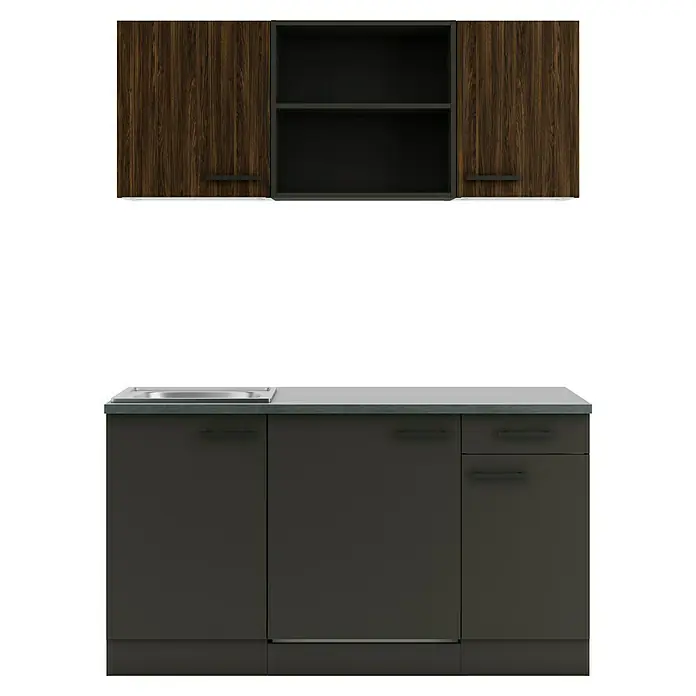 Optifit Madrid420 Singleküche Typ 1 - Breite: 150 cm, Anthrazit/Rillendekor Nussbaum, Mit Elektrogeräten - Moderne Küchenzeile: Dunkle Holz-Oberschränke mit offenen Fächern, dunkelgraue Unterschränke mit Spüle und heller Arbeitsplatte.