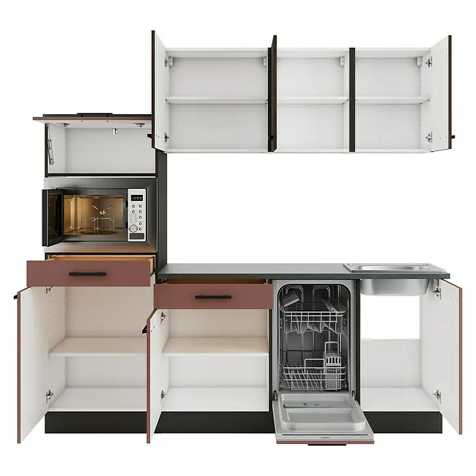 Optifit Nizza407 Küchenleerblock Typ 2 - Breite: 210 cm, Rostrot/Rillendekor Nussbaum, Ohne Elektrogeräte - Modulare Küchenzeile mit offenen weißen und braunen Schränken, Schubladen, integrierter Mikrowelle, offenem Geschirrspüler und Edelstahlspüle.