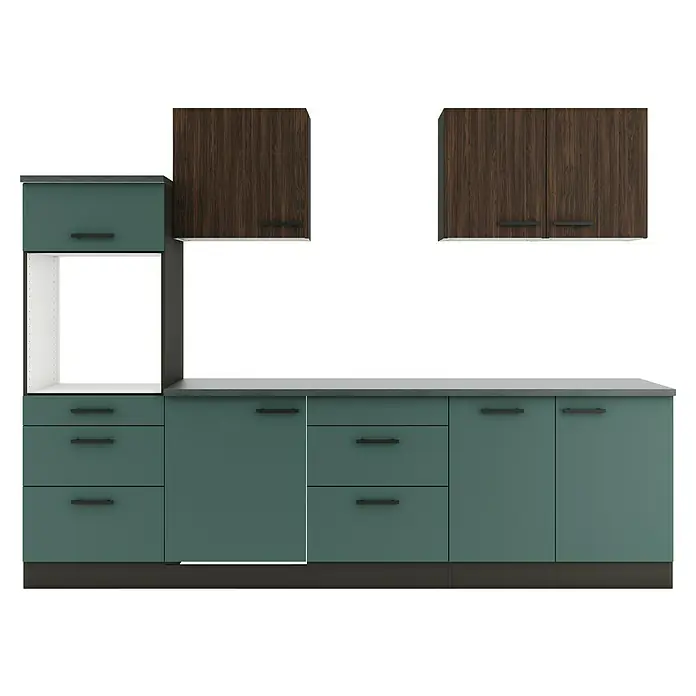 Optifit Verona405 Küchenzeile Typ 1 - Breite: 270 cm, Steingrün/Rillendekor Nussbaum, Ohne Elektrogeräte - Moderne Küchenschränke in Dunkelgrün und Holzoptik: Hochschrank mit offenem Fach, Unterschränke mit Auszügen, Hängeschränke.