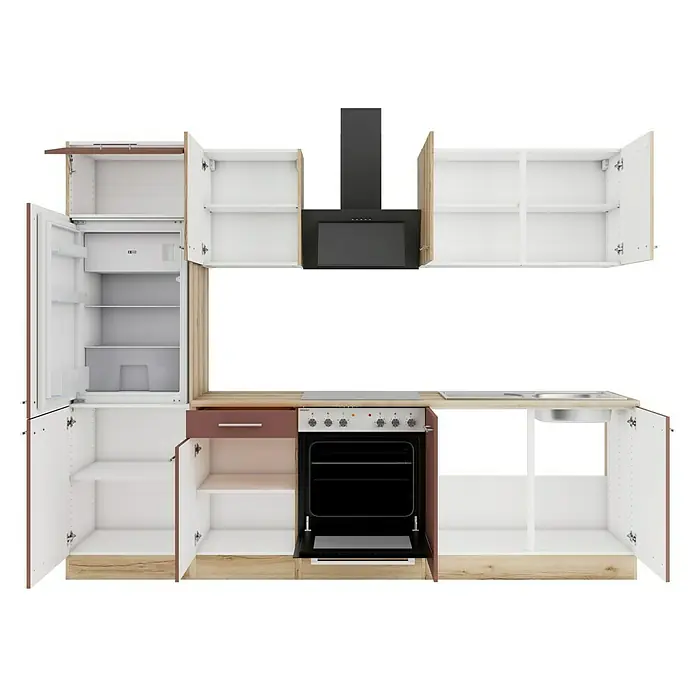 Optifit Livorno290 Küchenleerblock Typ 1 - Breite: 270 cm, Wildeiche Nachbildung/Rostbraun, Ohne Elektrogeräte - Modulare Küchenzeile mit weißen und holzfarbenen Schränken, rotbraunen Akzenten, schwarzem Backofen und Dunstabzugshaube sowie Edelstahlspüle.