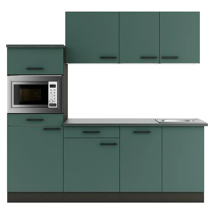 Optifit Verona405 Singleküche Typ 1 - Breite: 210 cm, Steingrün, Wechselseitig aufbaubar - Matte grüne Küchenschränke mit integrierter Mikrowelle, Spüle und dunklen Griffen.