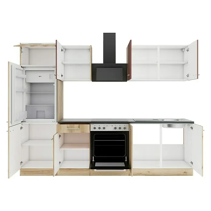 Optifit Bari407 Küchenleerblock Typ 2 - Breite: 270 cm, Rostbraun/Wildeiche Nachbildung, Ohne Elektrogeräte - Modulare Küchenzeile mit hellen Holz-, weißen und dunkelgrauen Elementen, inklusive offenem Kühlschrank, Backofen, Herd, Spüle und Dunstabzug.