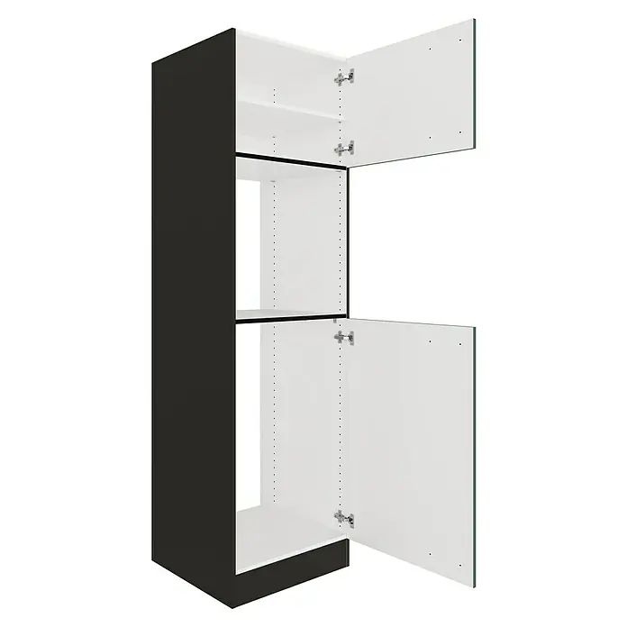 Optifit Verona405 Geräteumbauschrank - 60 x 60 x 206,8 cm, Steingrün, Mit 2 Türen für Backofen und Kühlschrank - Hoher schwarz-weißer Küchenschrank mit zwei offenen Türen, die Regale zeigen.