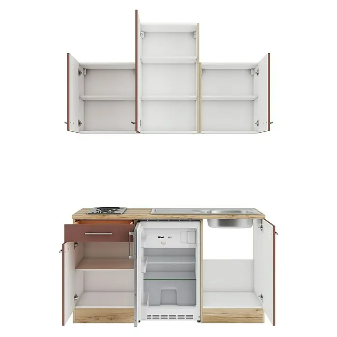 Optifit Bari407 Singleküche Typ 1 - Breite: 150 cm, Rostrot, Mit Elektrogeräten - Kompakte Küchenzeile mit weiß/braunen Holzschränken, Kochfeld, Spüle und Minikühlschrank, alle Türen und Schublade offen.