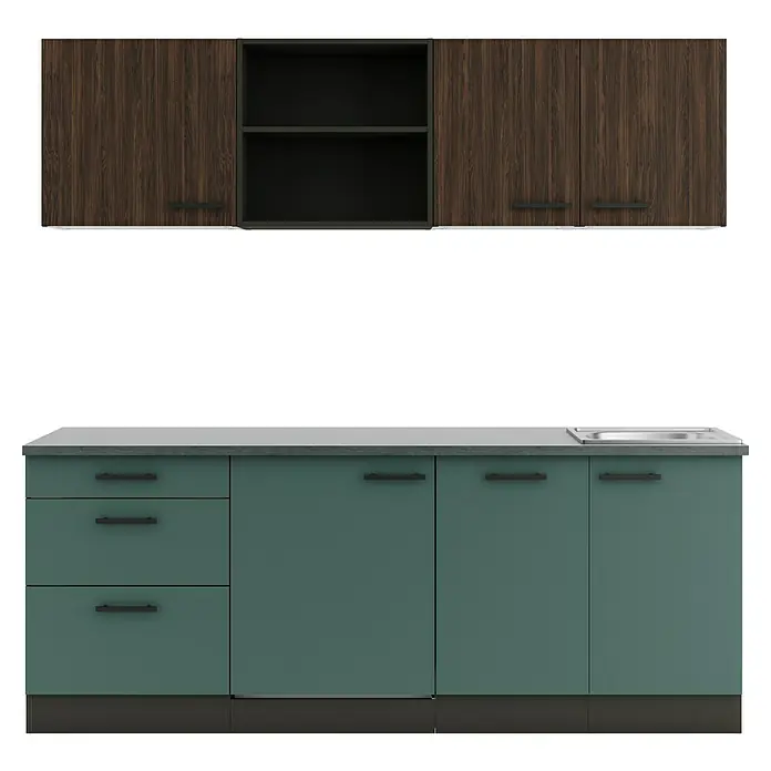 Optifit Verona405 Singleküche Typ 2 - Breite: 210 cm, Steingrün/Rillendekor Nussbaum, Ohne Elektrogeräte - Moderne Küchenzeile mit Oberschränken in dunkler Holzoptik und Unterschränken in staubigem Petrol, grauer Arbeitsplatte und integrierter Spüle.