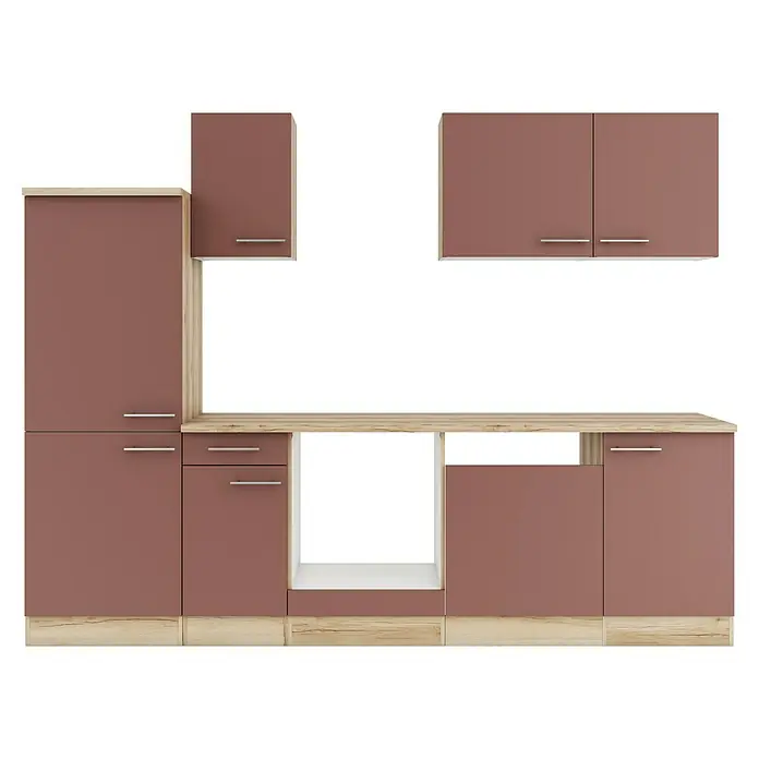 Optifit Bari407 Küchenleerblock Typ 3 - Breite: 270 cm, Rostrot, Ohne Elektrogeräte - Modulares Küchenschrank-Set mit braunen Fronten und hellen Holzoptik-Elementen. Enthält Hoch-, Wand- und Unterschränke mit Arbeitsplatte.