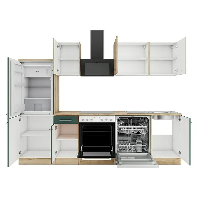 Optifit Livorno290 Küchenzeile Typ 2 - Breite: 270 cm, Steingrün/Wildeiche Nachbildung, Mit Elektrogeräten - Moderne Küchenzeile mit Holz- und weiß/grünen Schränken, offenem Kühlschrank, Backofen, Geschirrspüler, Kochfeld, Spüle und Dunstabzugshaube.
