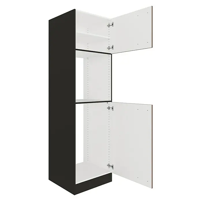 Optifit Nizza407 Geräteumbauschrank - 60 x 60 x 206,8 cm, Rostrot, Mit 2 Türen für Backofen und Kühlschrank - Hoher schwarz-weißer Schrank mit offenen Türen, Regalen und Fach für ein Gerät.