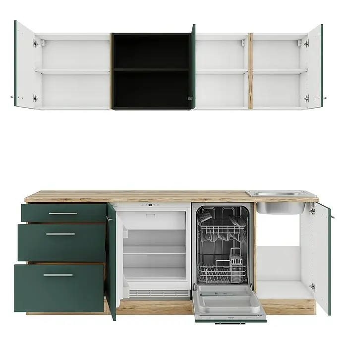 Optifit Savona405 Singleküche Typ 3 - Breite: 210 cm, Steingrün, Wechselseitig aufbaubar - Moderne Küchenzeile mit dunkelgrünen Unterschränken, Holzoptik-Arbeitsplatte, integriertem Kühlschrank, Geschirrspüler und weißen/schwarzen Oberschränken.